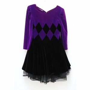 Vintage Komlies red purple velvet dress 1980s harlequin black full skirt mesh M